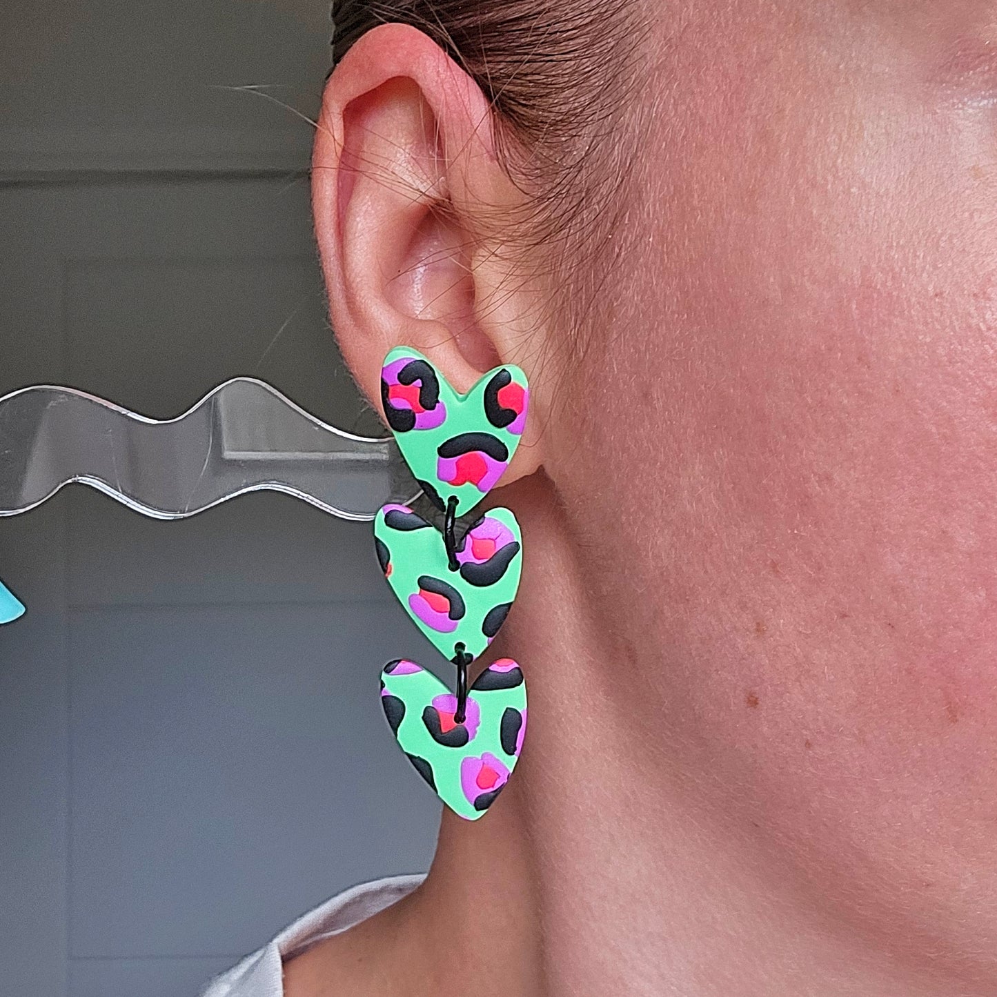 Mint Leopard Print 3 Drop Heart Dangles