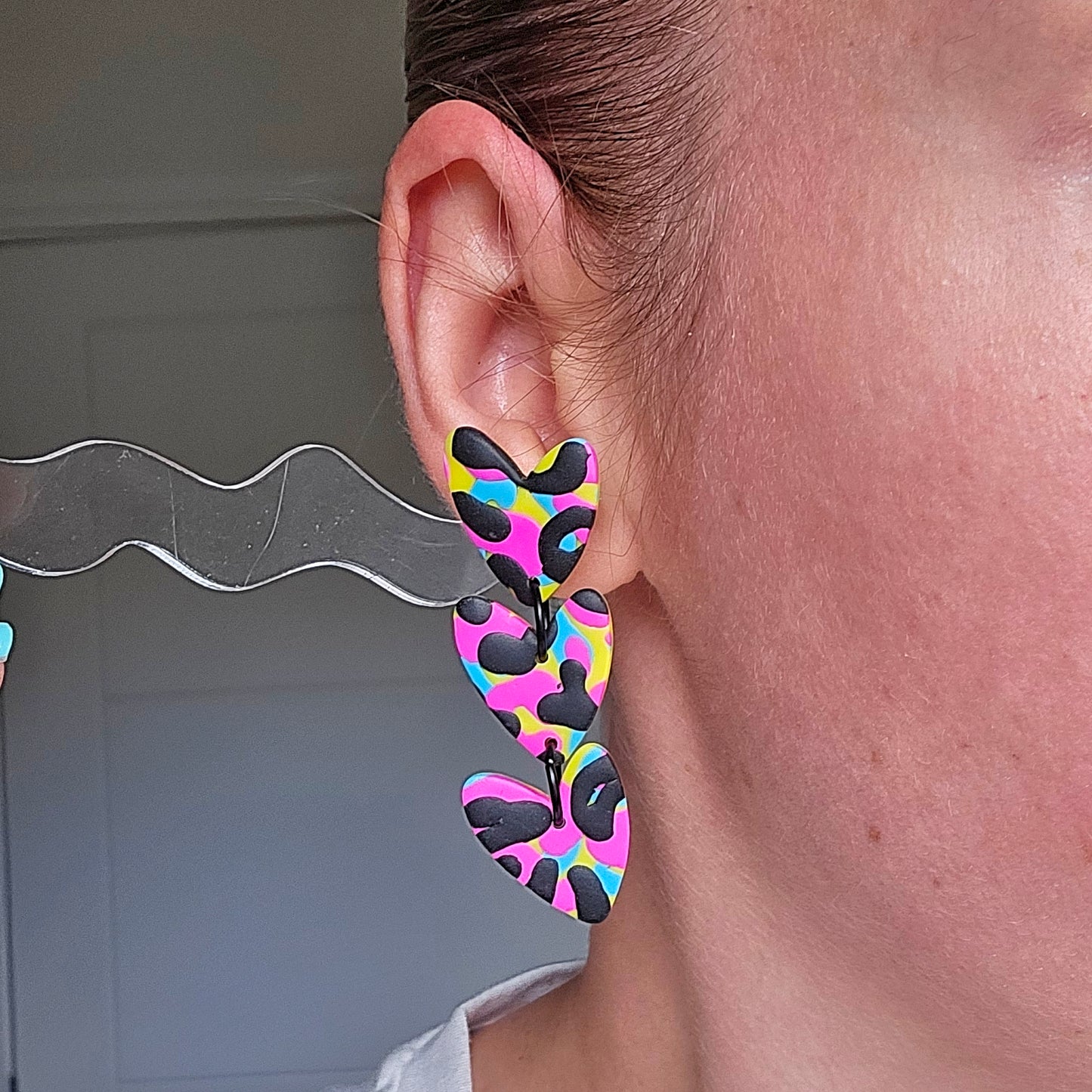 LIMITED EDITION Multicoloured Leopard Print 3 Drop Heart Dangles