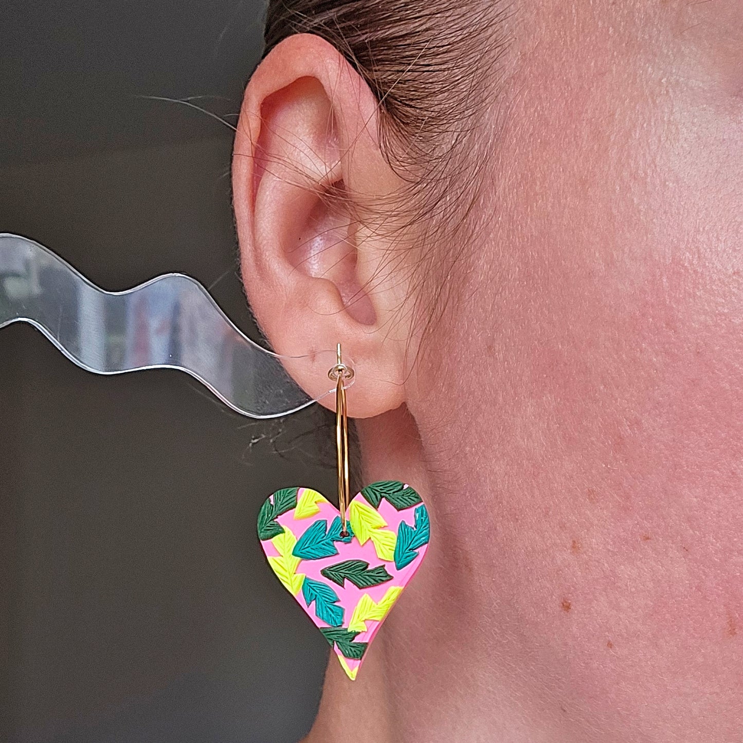 LIMITED EDITION Hot Pink Tropical Leaf Heart Dangles