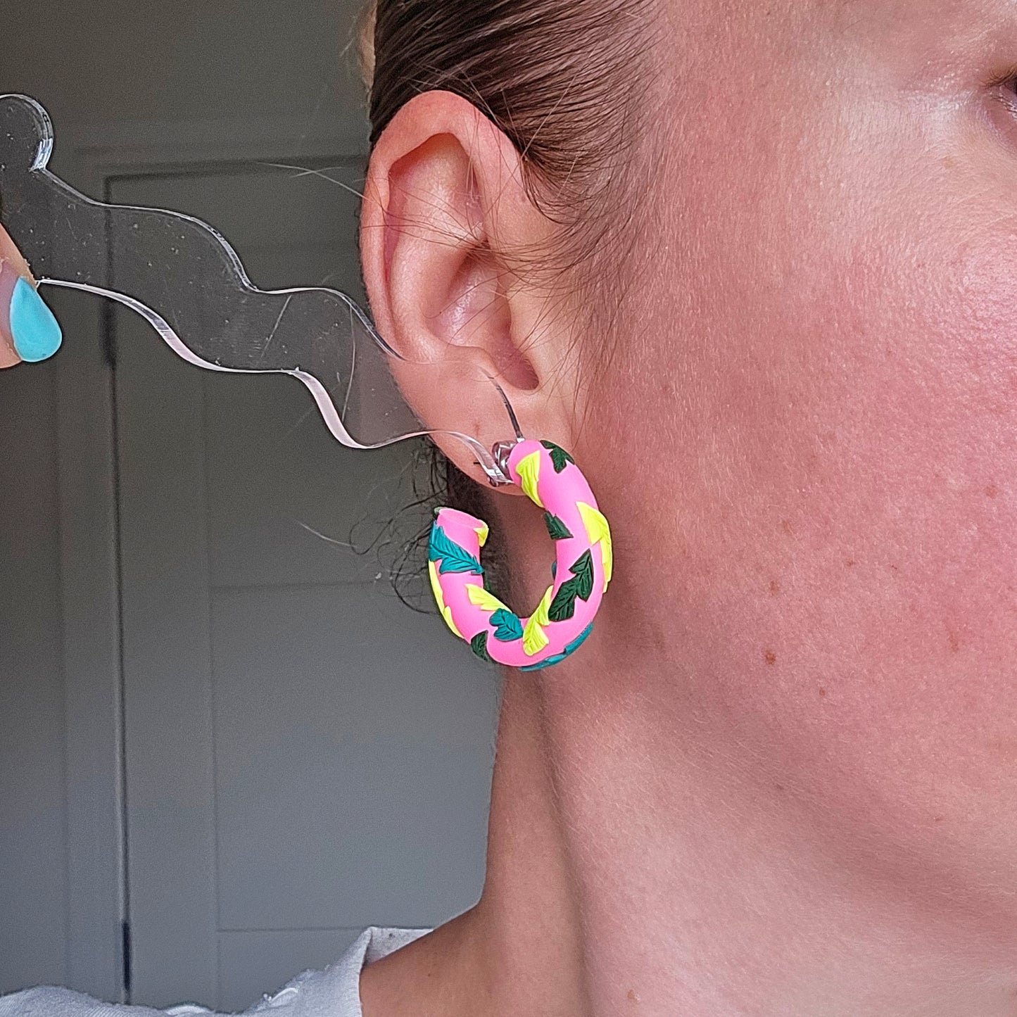 LIMITED EDITION Hot Pink Tropical Leaf Clay Hoops