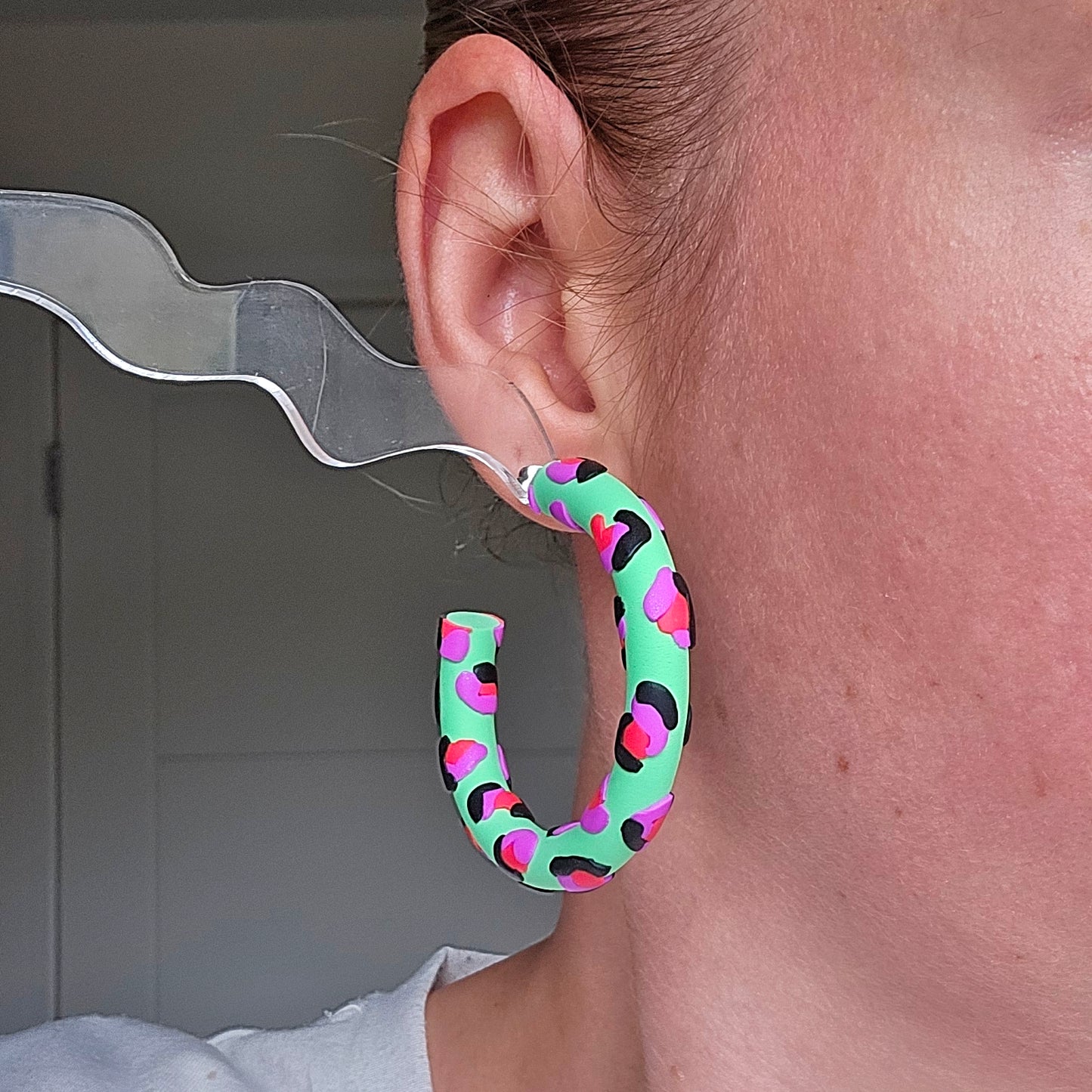 Mint Leopard Print Clay Hoops