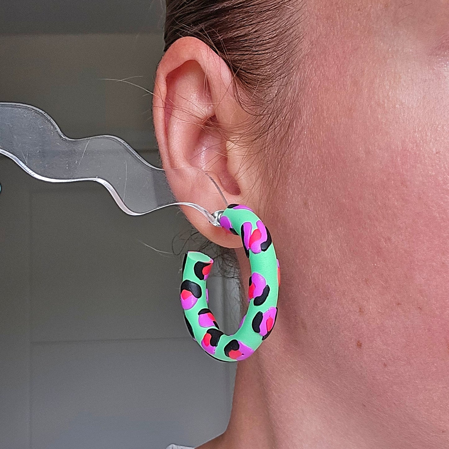 Mint Leopard Print Clay Hoops