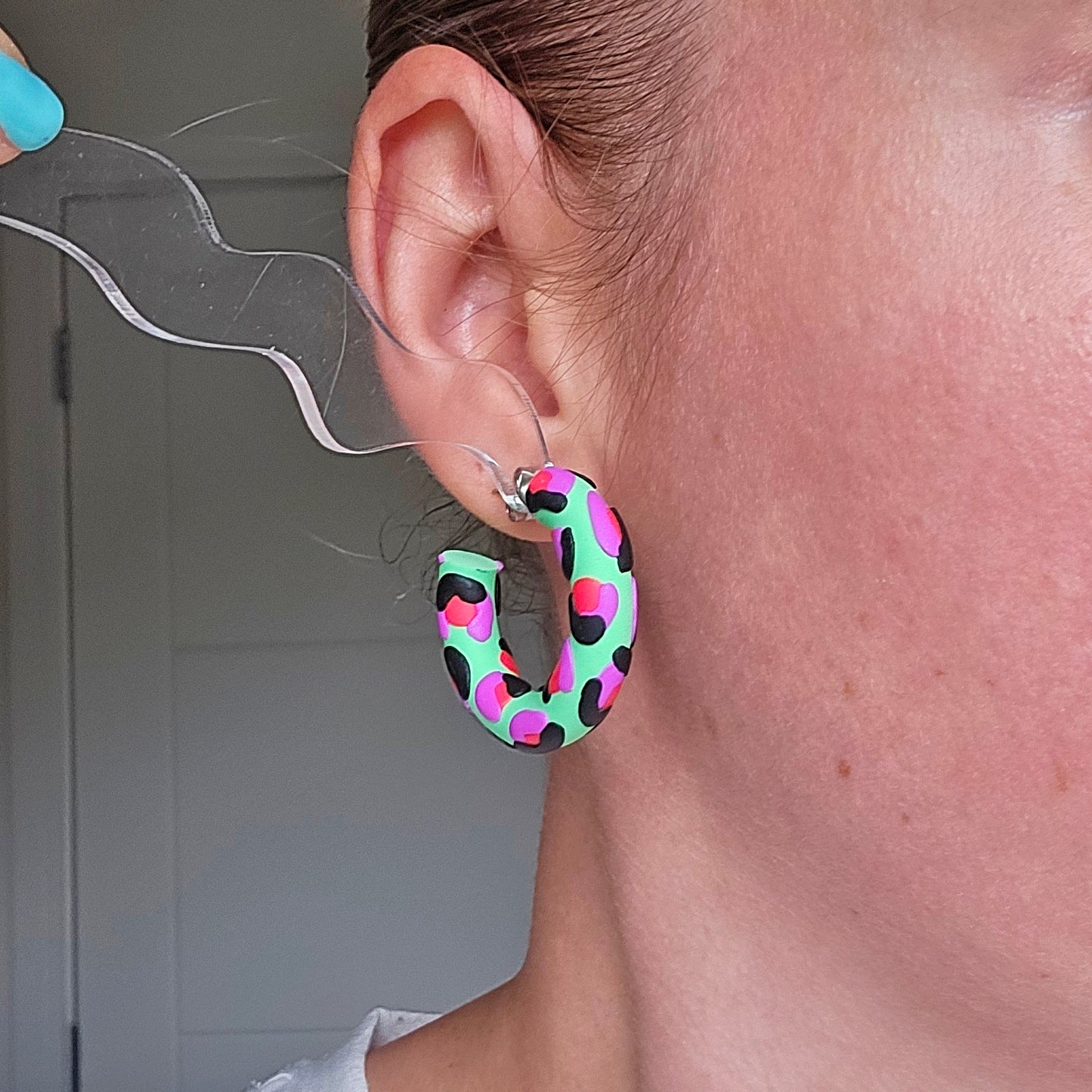 Mint Leopard Print Clay Hoops