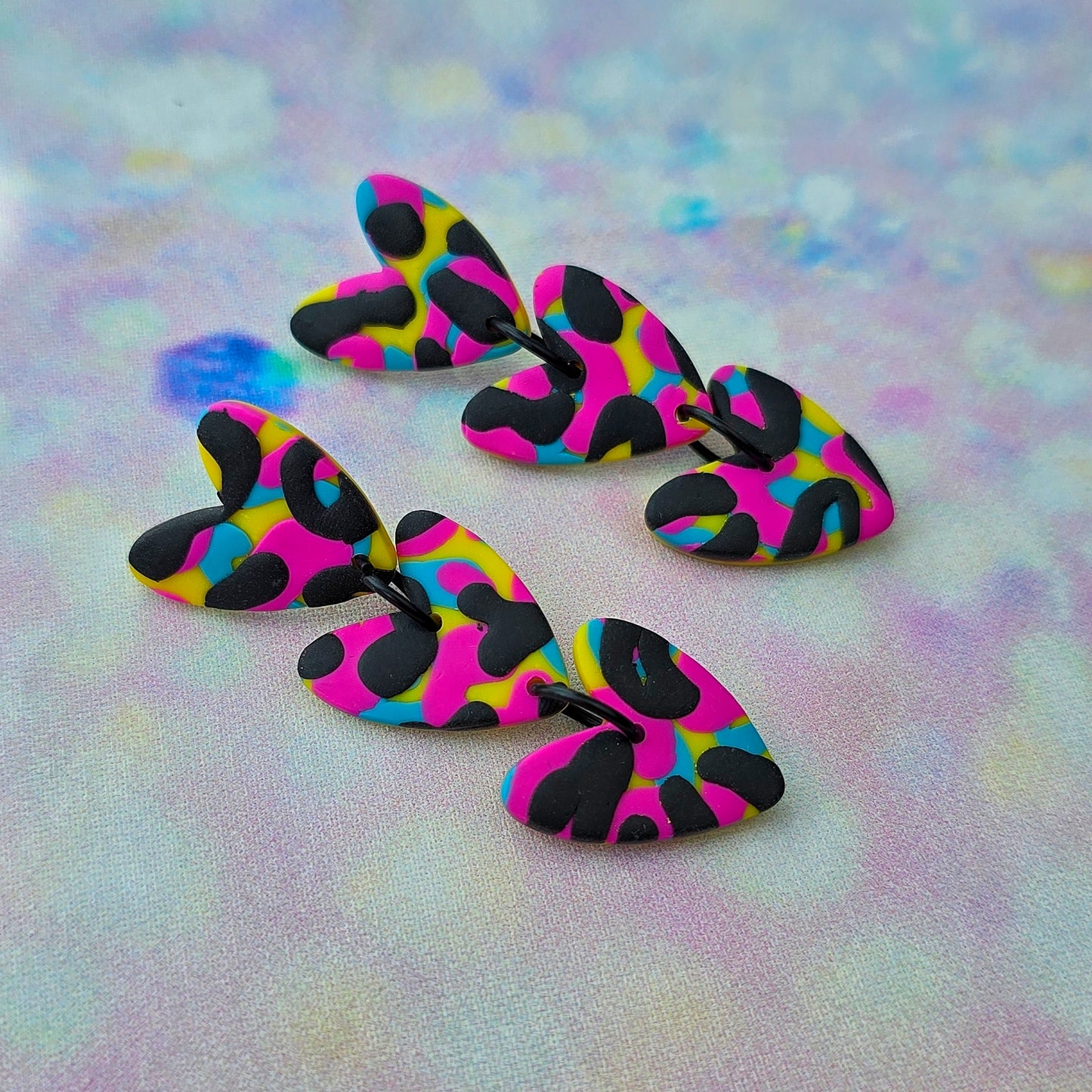 LIMITED EDITION Multicoloured Leopard Print 3 Drop Heart Dangles