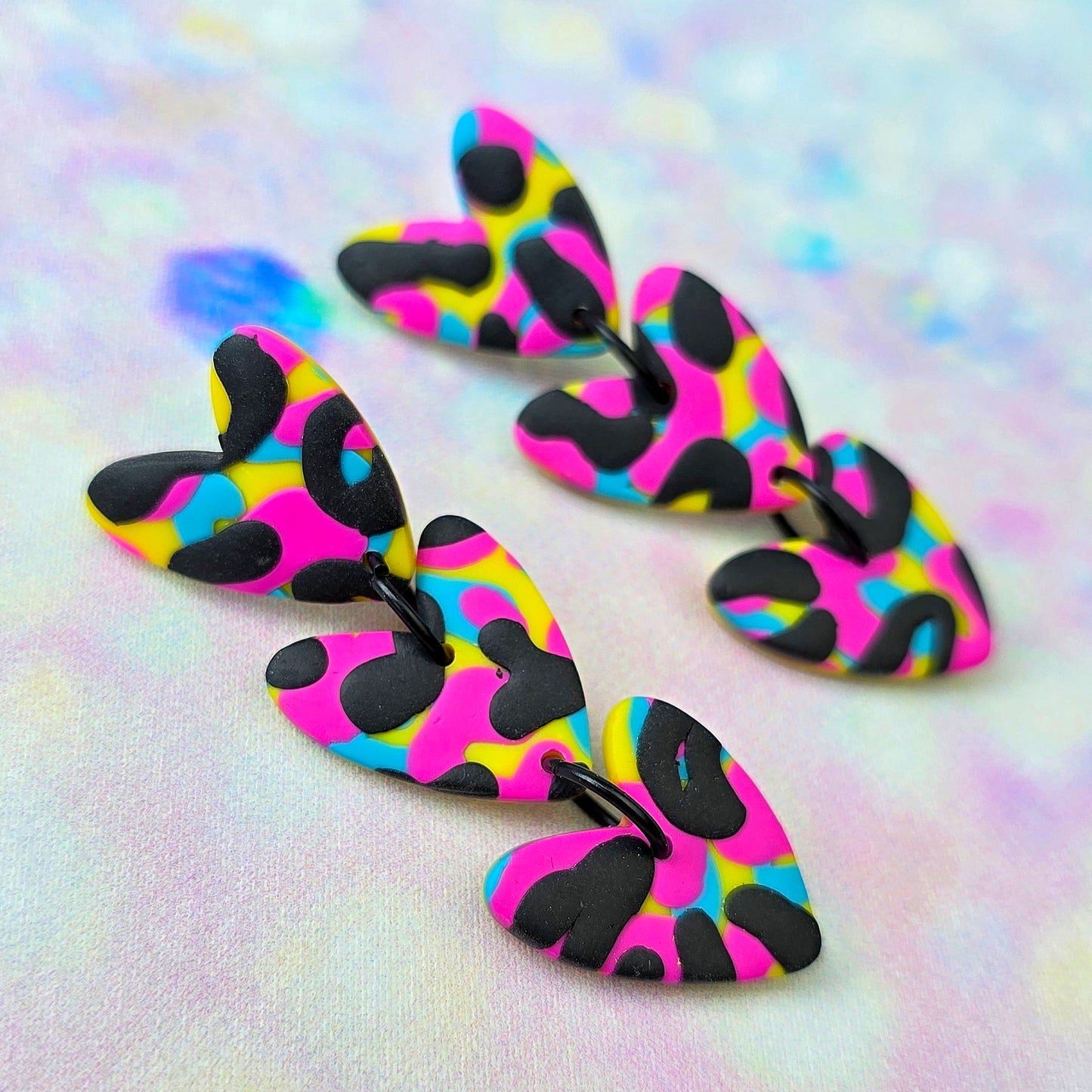 LIMITED EDITION Multicoloured Leopard Print 3 Drop Heart Dangles