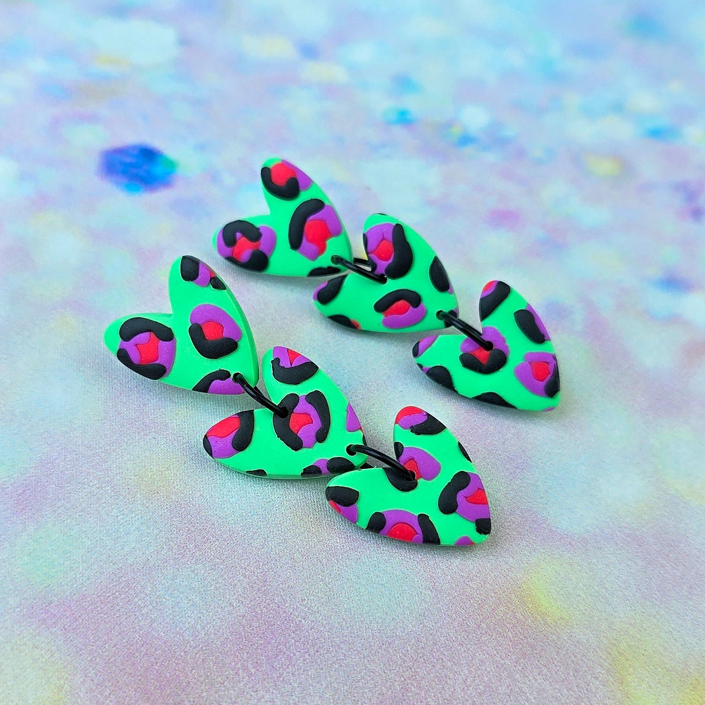 Mint Leopard Print 3 Drop Heart Dangles