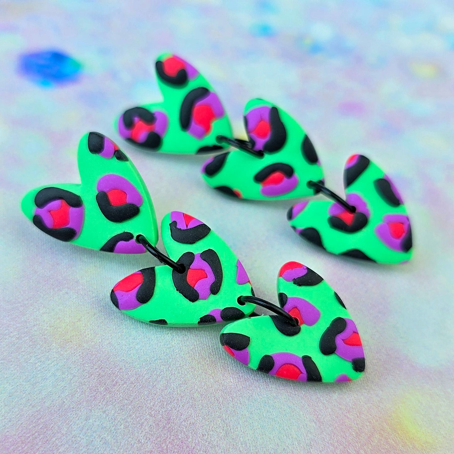 Mint Leopard Print 3 Drop Heart Dangles