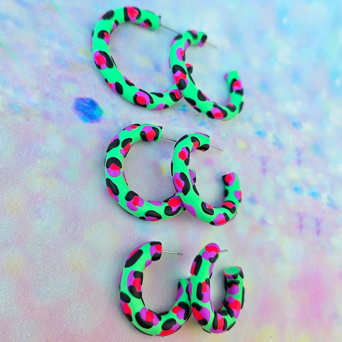 Mint Leopard Print Clay Hoops