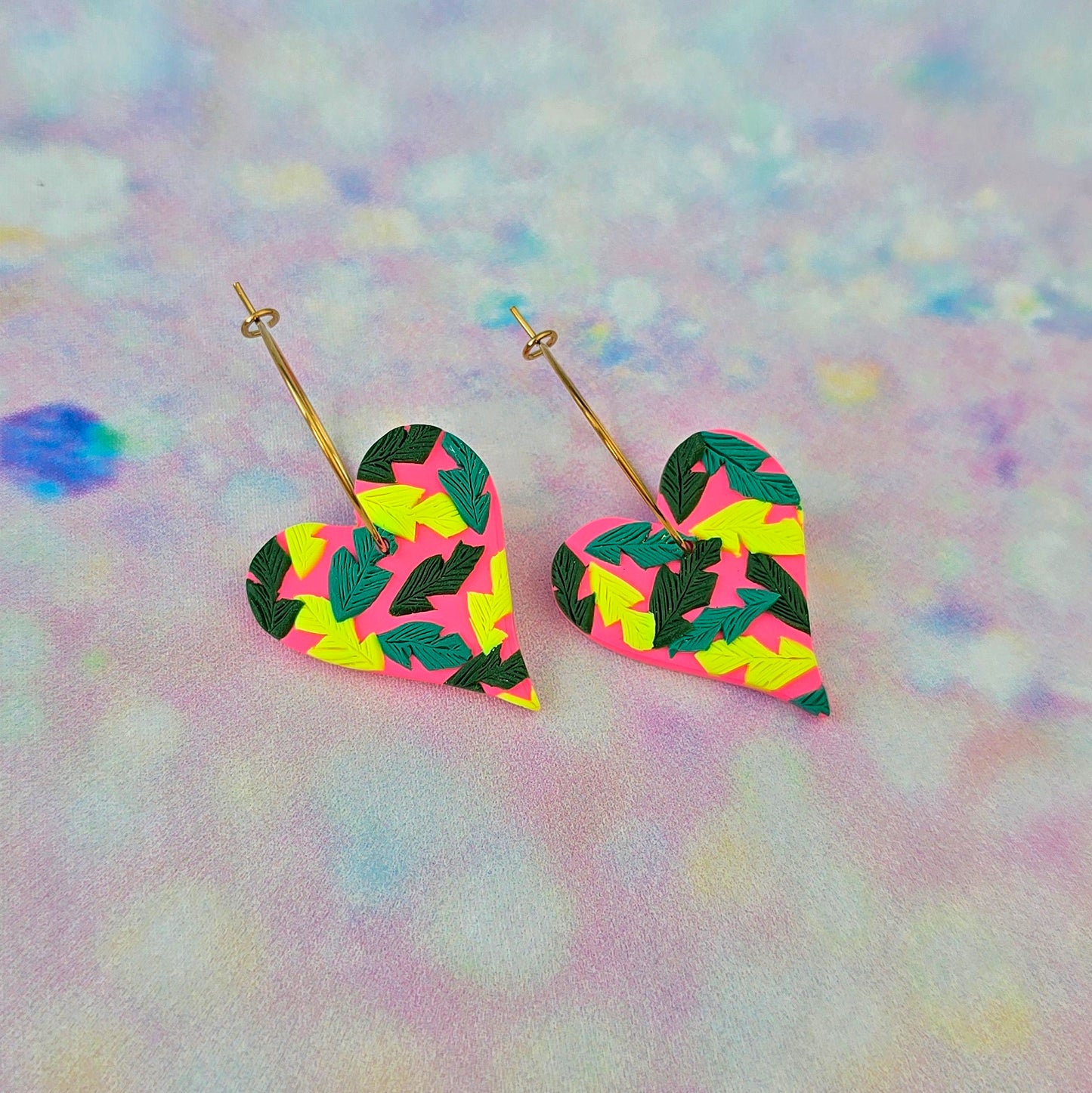 LIMITED EDITION Hot Pink Tropical Leaf Heart Dangles