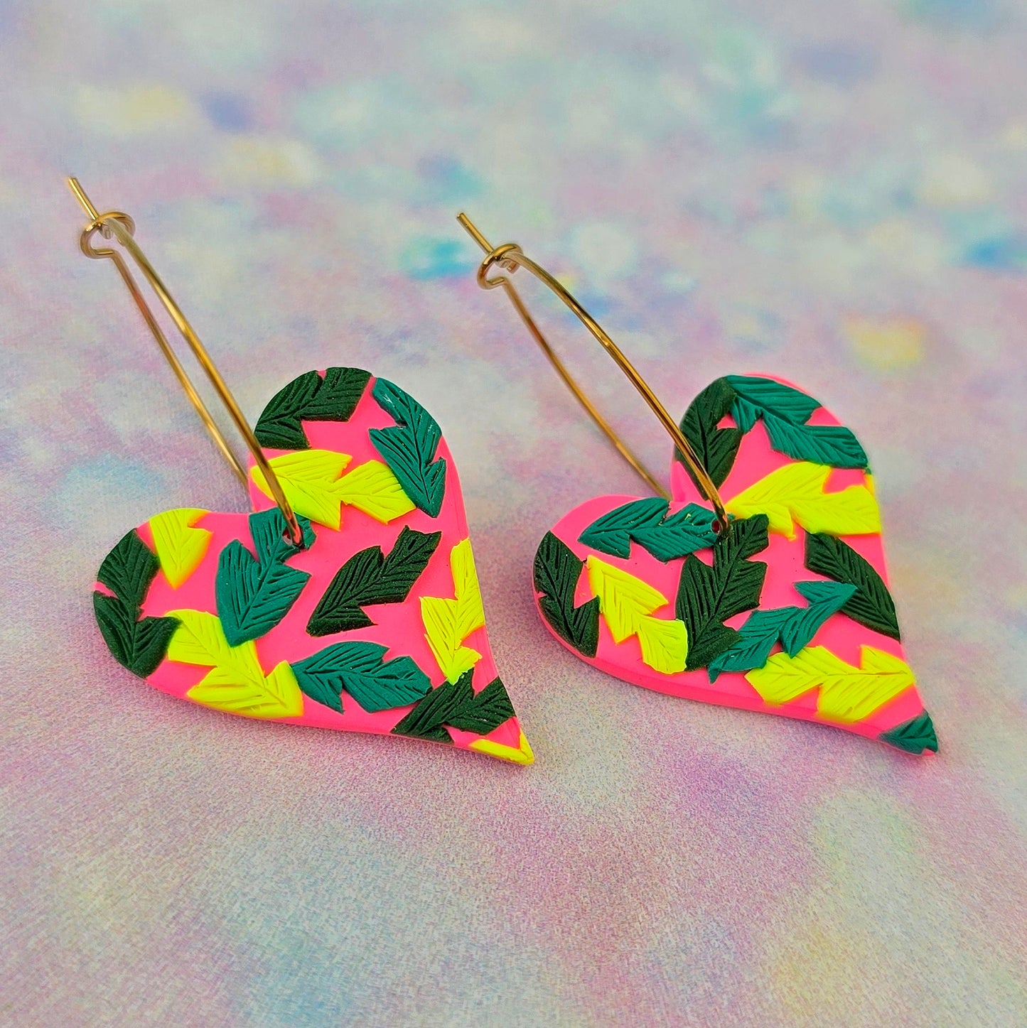 LIMITED EDITION Hot Pink Tropical Leaf Heart Dangles