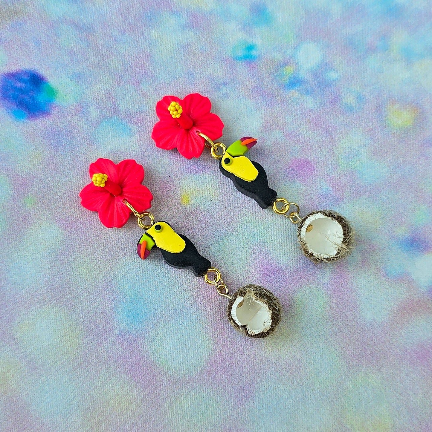 Hibiscus, Toucan and Coconut Dangles
