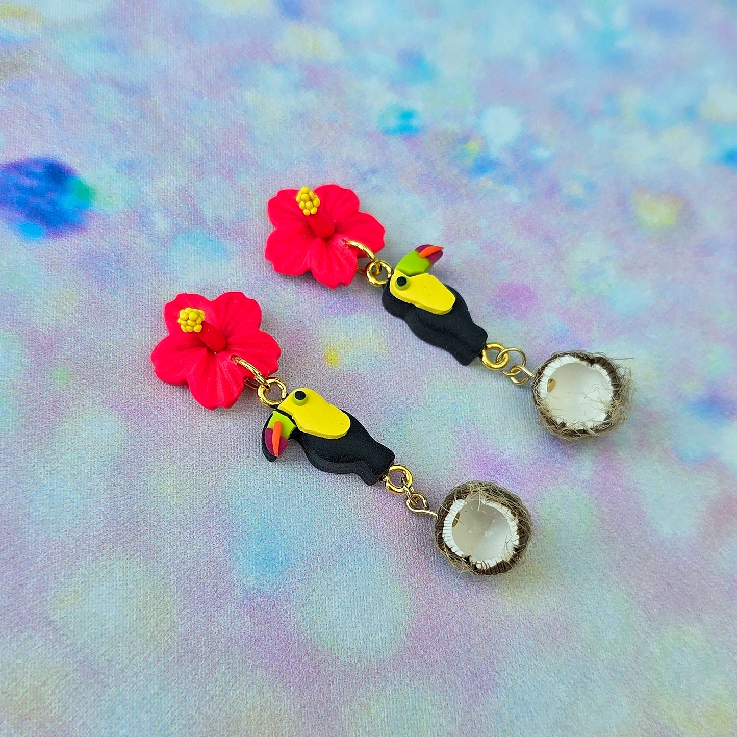 Hibiscus, Toucan and Coconut Dangles