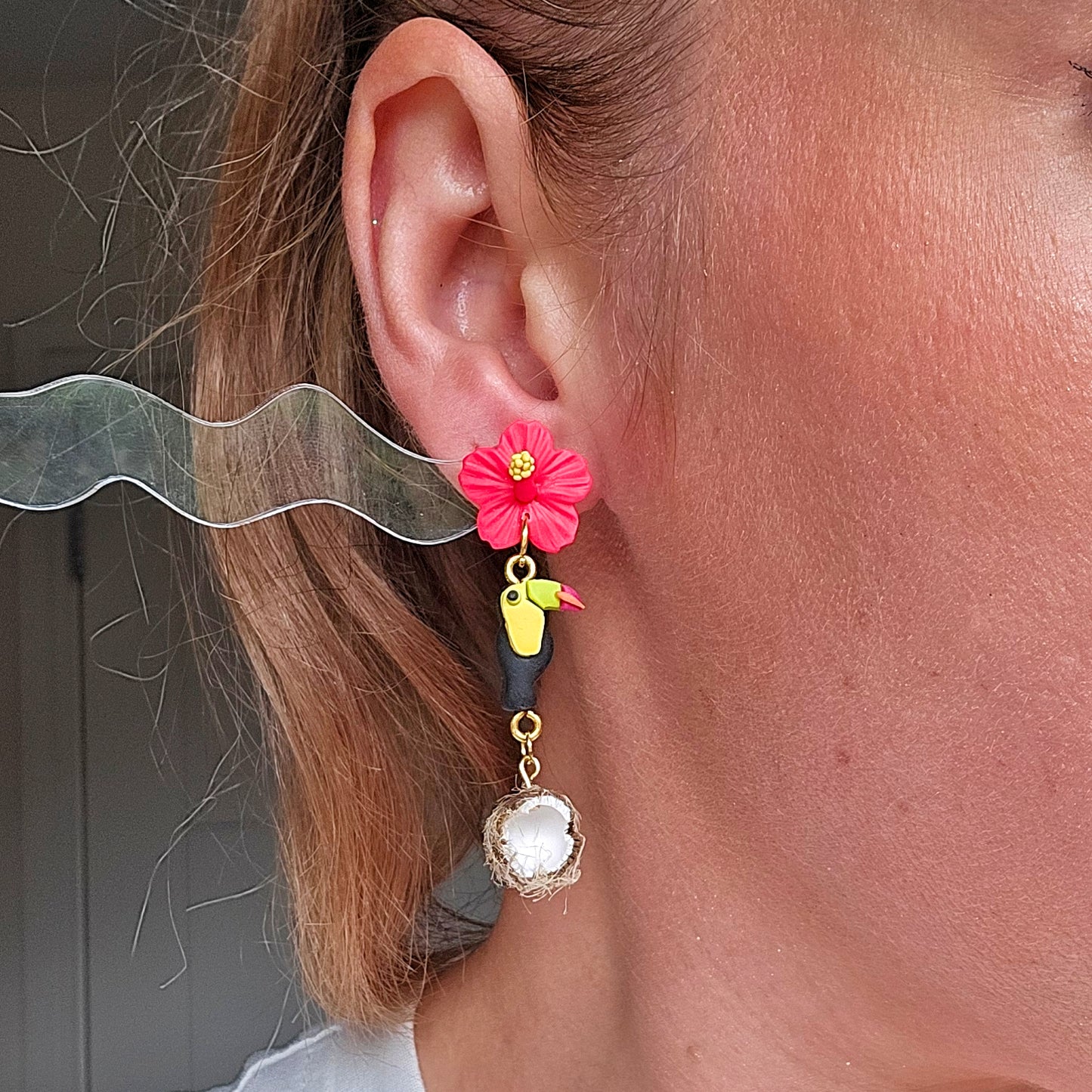 Hibiscus, Toucan and Coconut Dangles