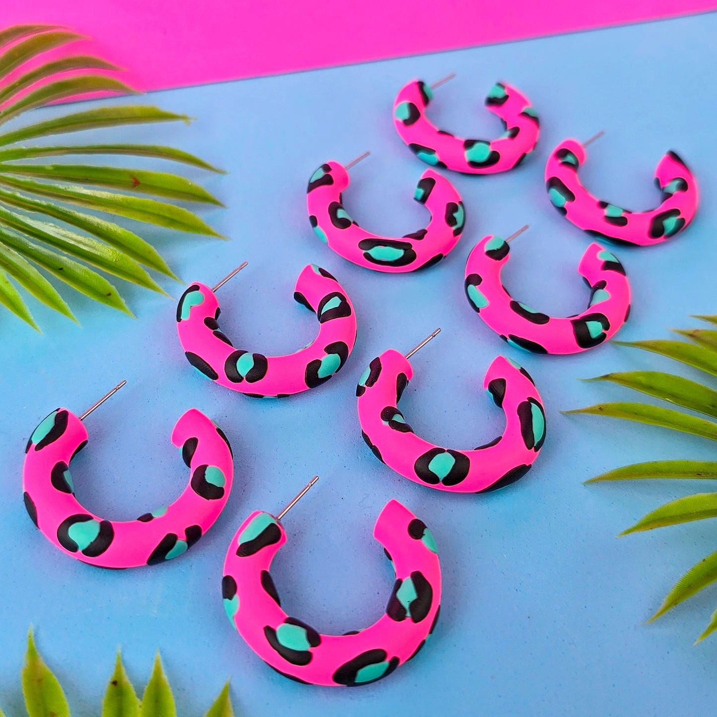 LIMITED EDITION Hot Pink Leopard Print Clay Hoops