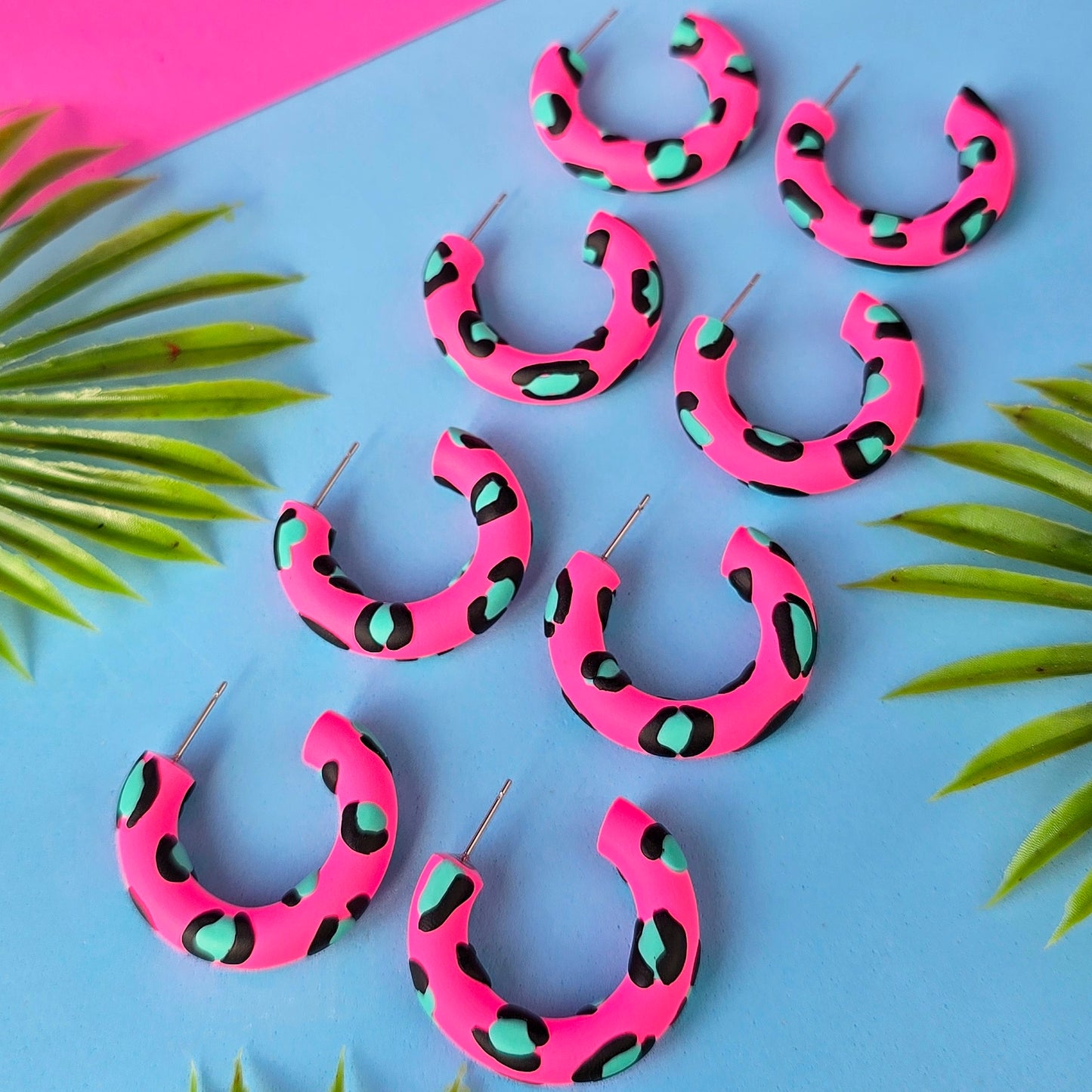 LIMITED EDITION Hot Pink Leopard Print Clay Hoops