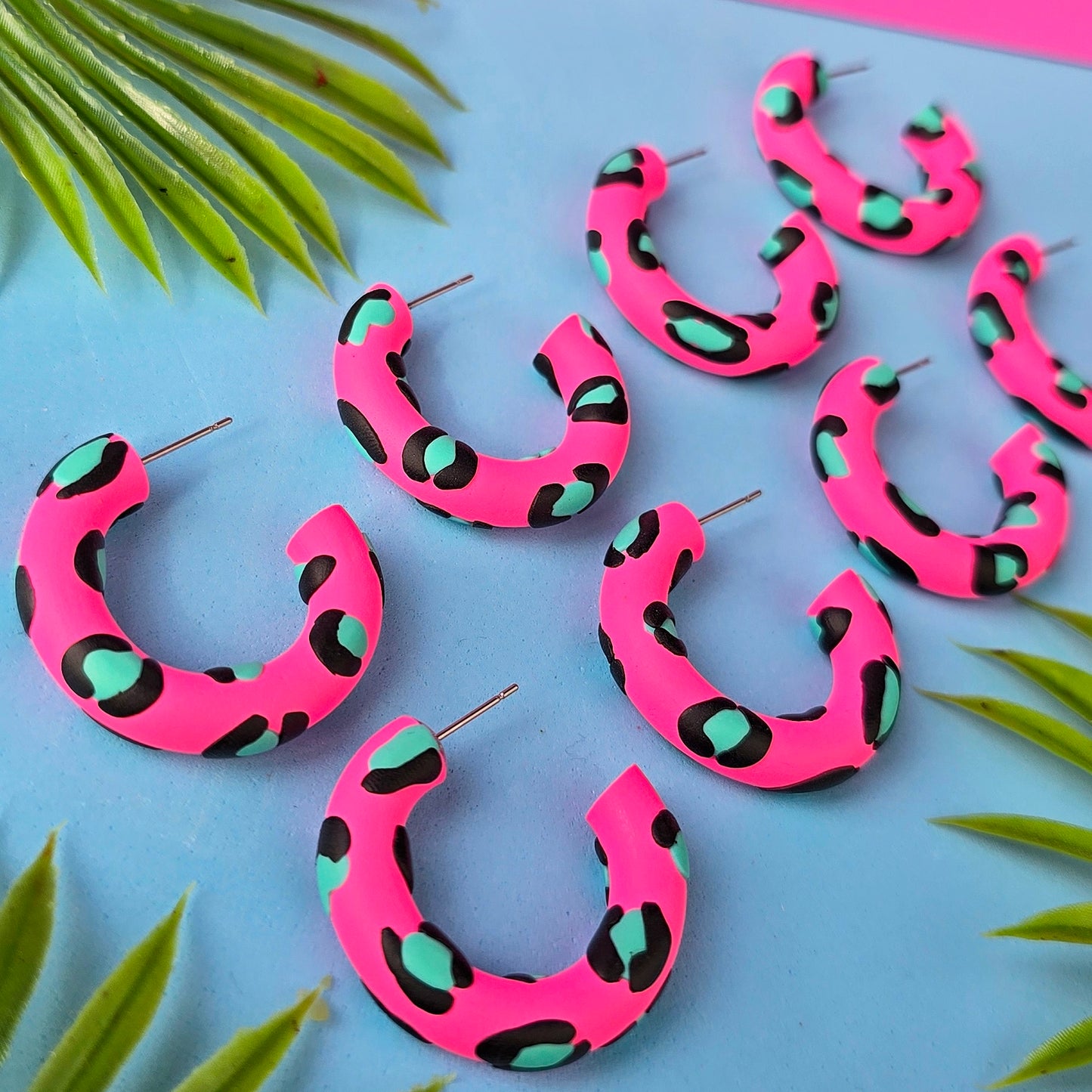 LIMITED EDITION Hot Pink Leopard Print Clay Hoops