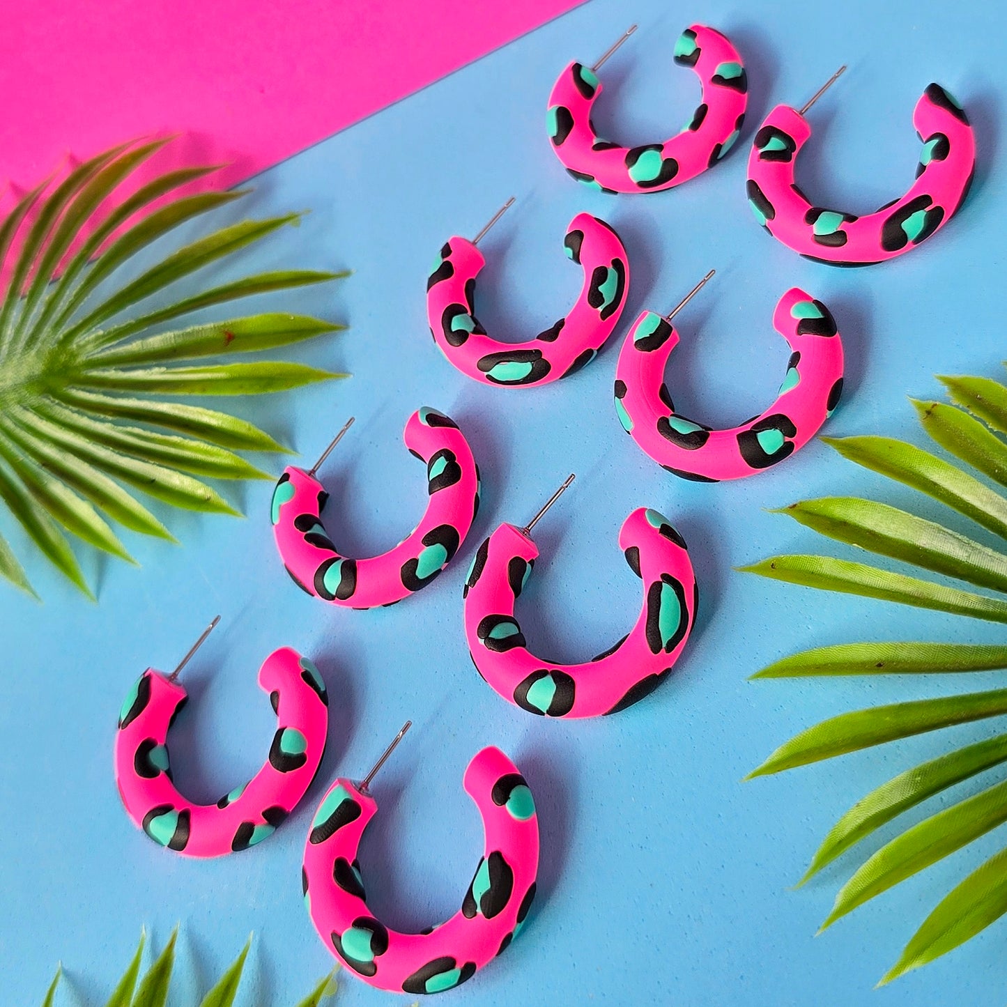 LIMITED EDITION Hot Pink Leopard Print Clay Hoops