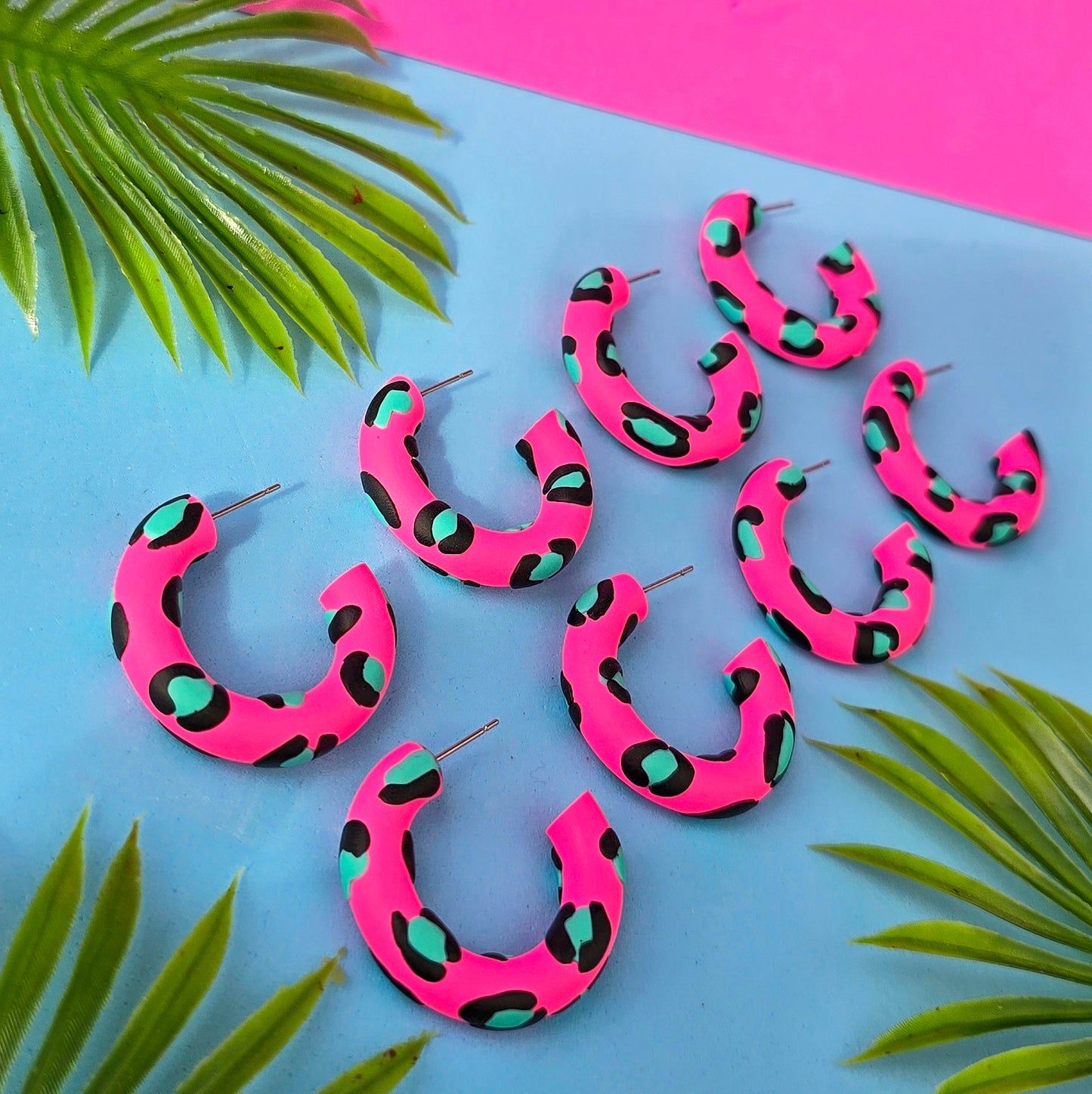 LIMITED EDITION Hot Pink Leopard Print Clay Hoops