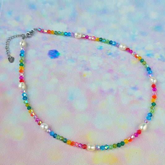 Rainbow Glass Beaded Necklace With Freshwater Pearls