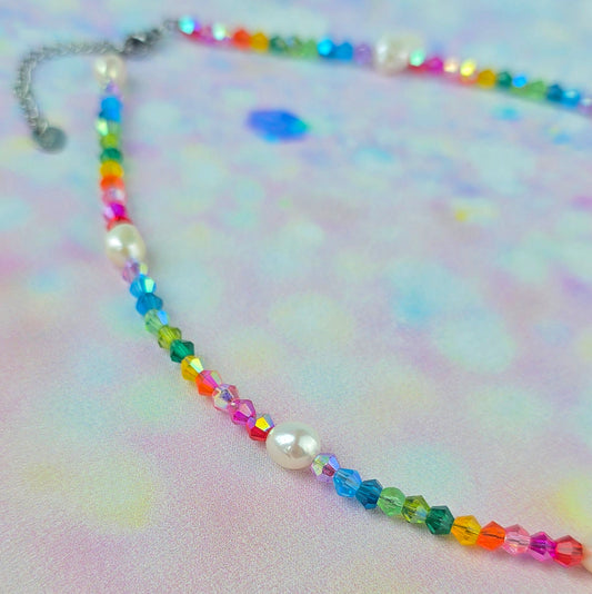 Rainbow Glass Beaded Necklace With Freshwater Pearls