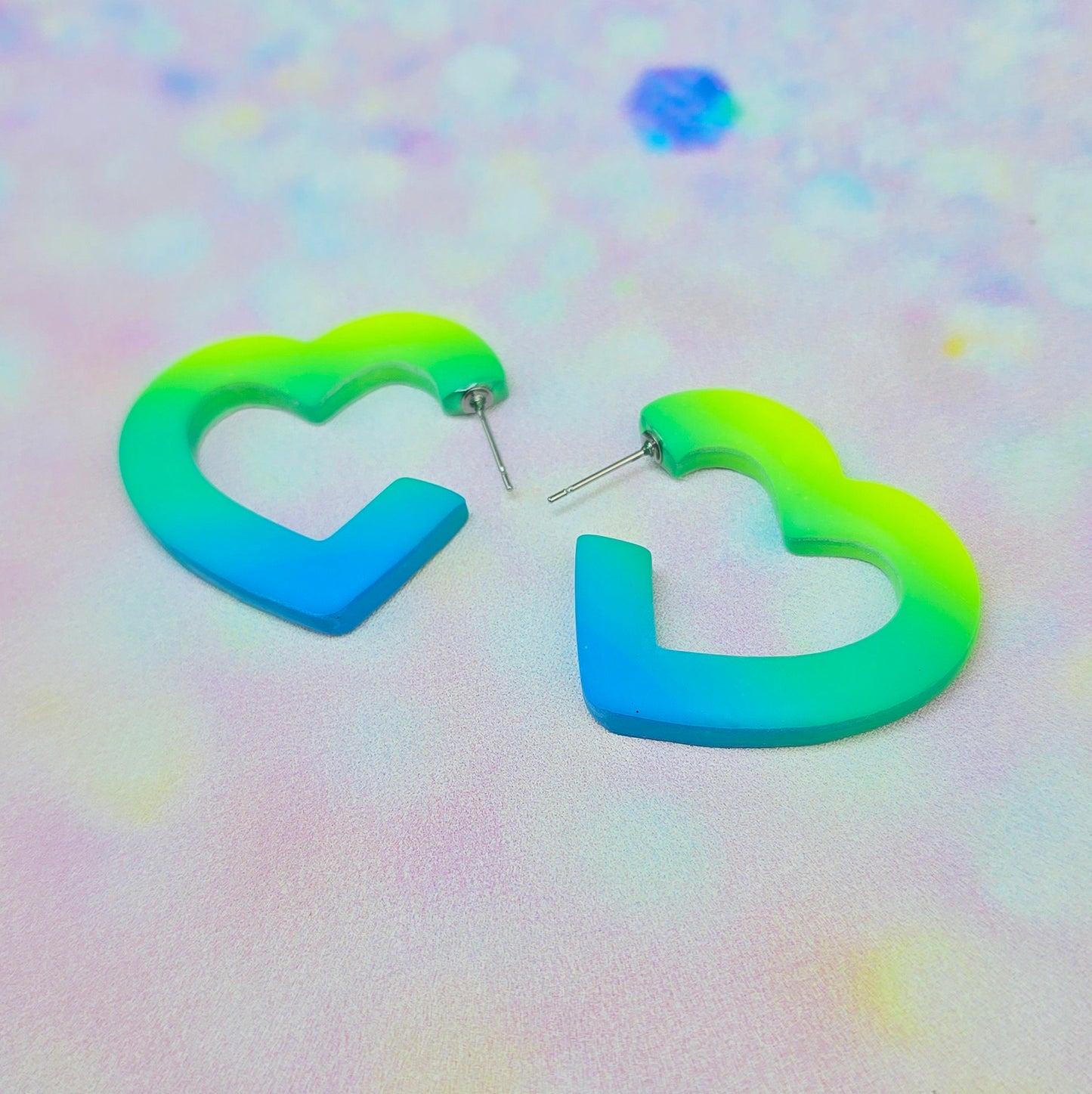 Mega Electric Green Ombre Heart Hoops