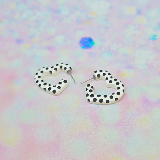 Mini Black & White Spotty Heart Hoops