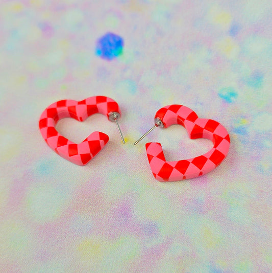 Mini Pink & Red Checkerboard Heart Hoops