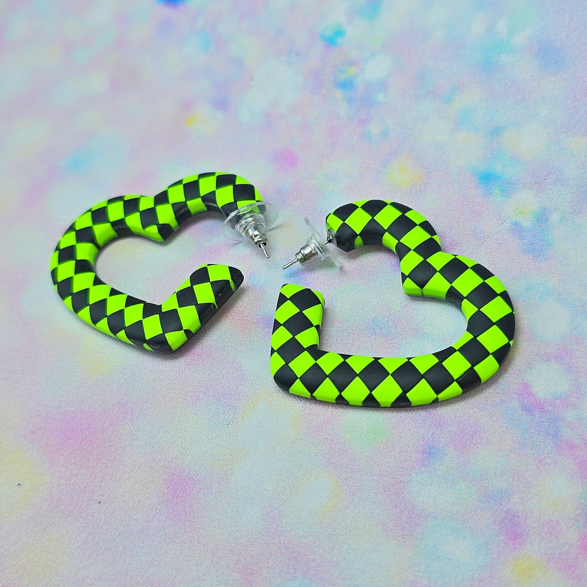 Mega Neon Lime & Black Checkerboard Heart Hoops