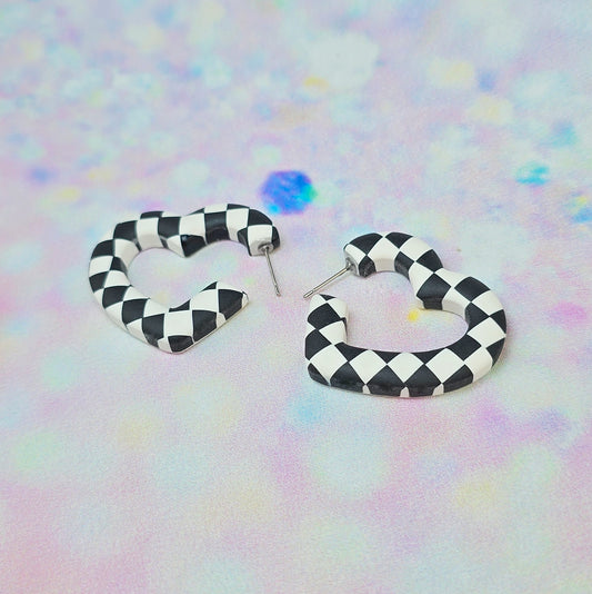 PRE ORDER Medium Black and White Checkerboard Heart Hoops