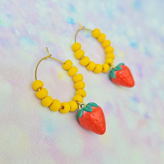 Mini Strawberry Beaded Hoops