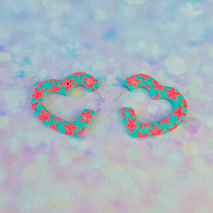 Coral Starfish Heart Shaped Hoops