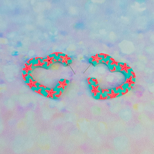 Coral Starfish Heart Shaped Hoops