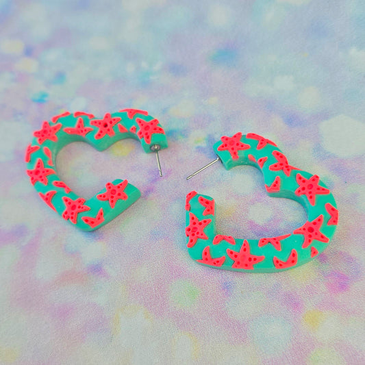 Coral Starfish Heart Shaped Hoops