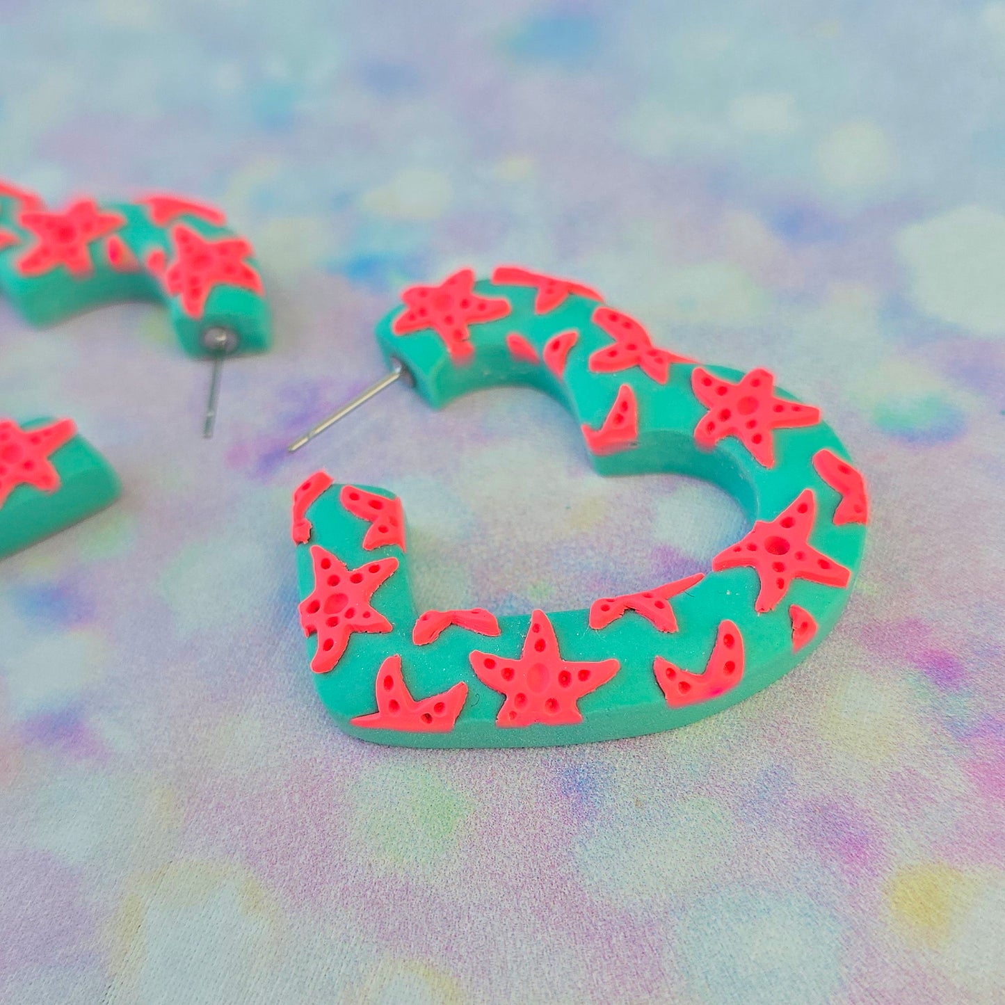 Coral Starfish Heart Shaped Hoops
