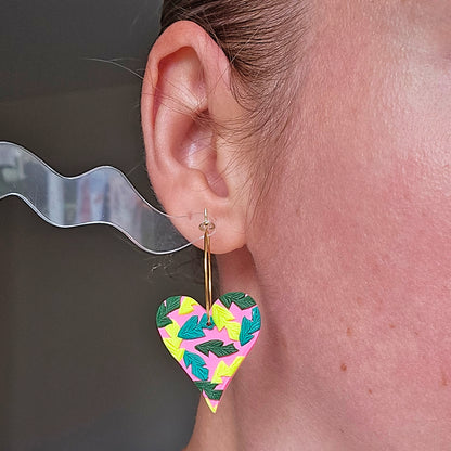 LIMITED EDITION Hot Pink Tropical Leaf Heart Dangles