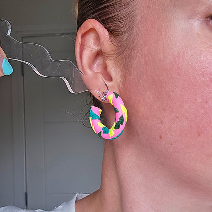 LIMITED EDITION Hot Pink Tropical Leaf Clay Hoops