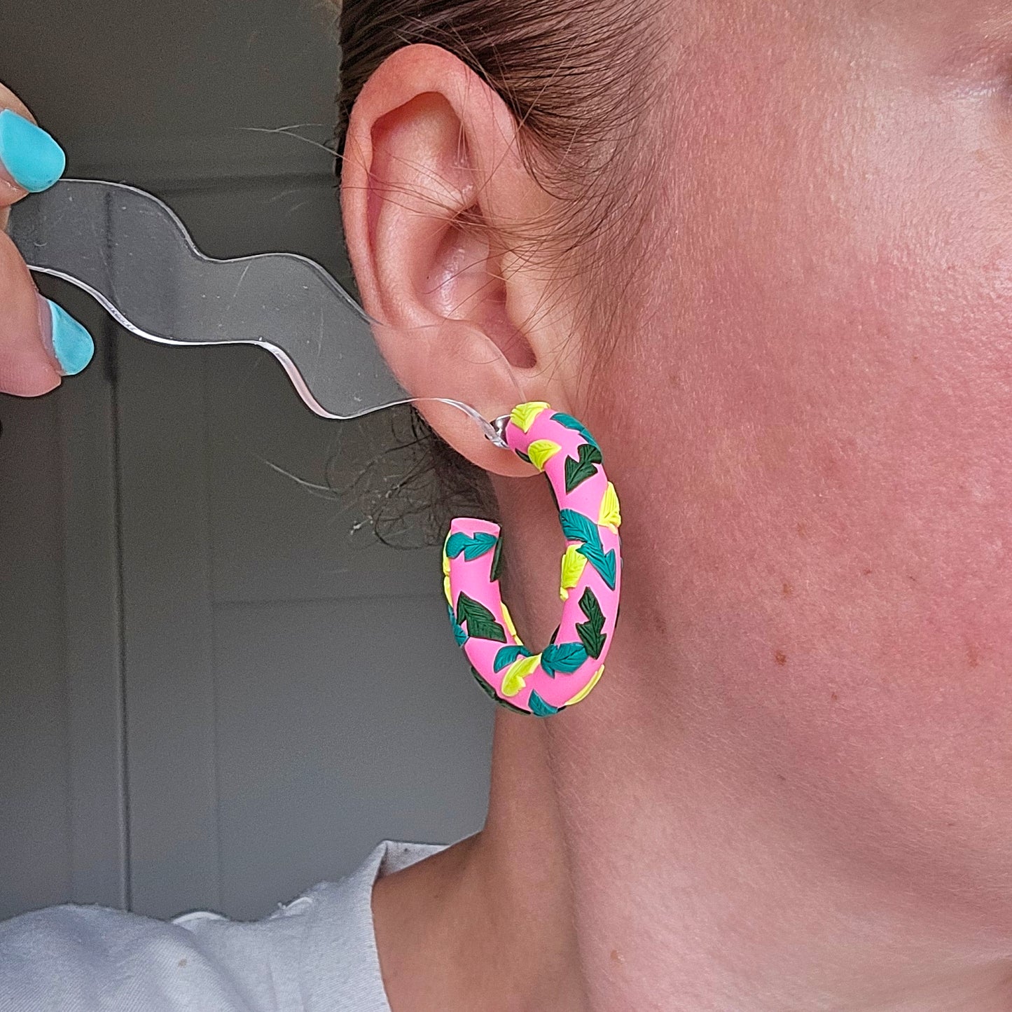 LIMITED EDITION Hot Pink Tropical Leaf Clay Hoops