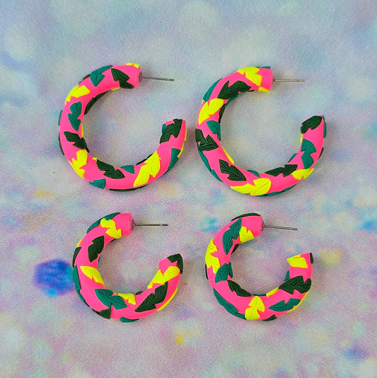 LIMITED EDITION Hot Pink Tropical Leaf Clay Hoops