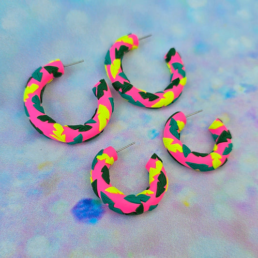LIMITED EDITION Hot Pink Tropical Leaf Clay Hoops