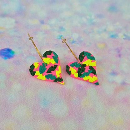 LIMITED EDITION Hot Pink Tropical Leaf Heart Dangles