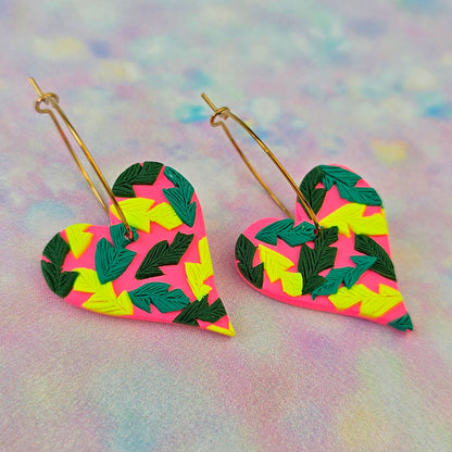 LIMITED EDITION Hot Pink Tropical Leaf Heart Dangles