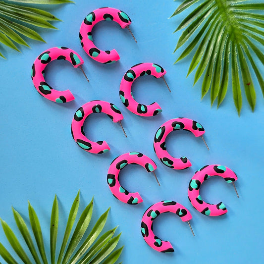 LIMITED EDITION Hot Pink Leopard Print Clay Hoops