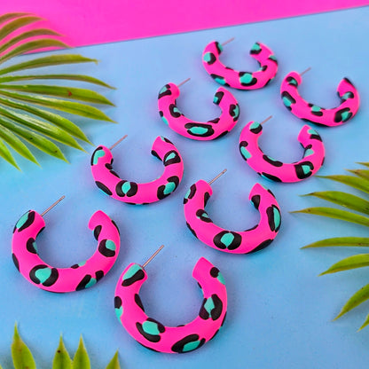 LIMITED EDITION Hot Pink Leopard Print Clay Hoops