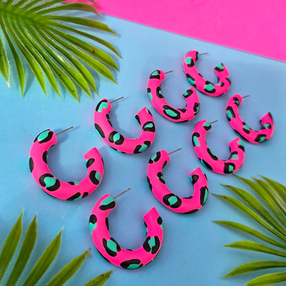 LIMITED EDITION Hot Pink Leopard Print Clay Hoops