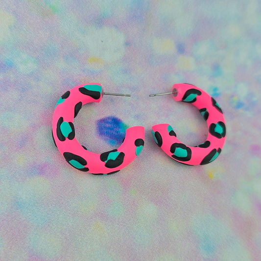 LIMITED EDITION Hot Pink Leopard Print Clay Hoops