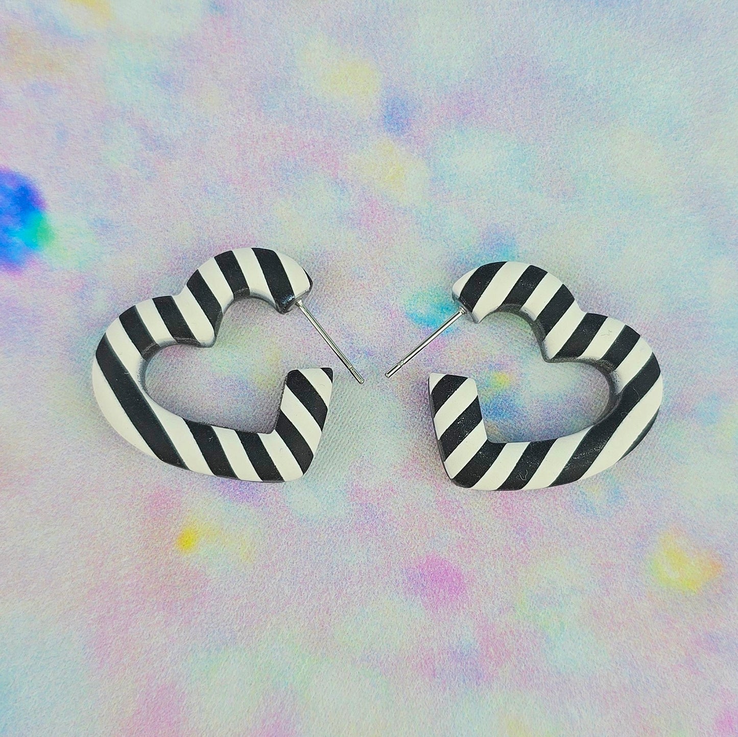 Black and White Stripe Mini Heart Shaped Hoops