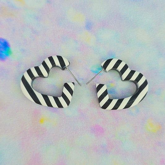 Black and White Stripe Mini Heart Shaped Hoops