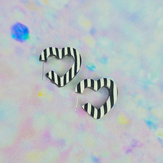 Black and White Stripe Mini Heart Shaped Hoops