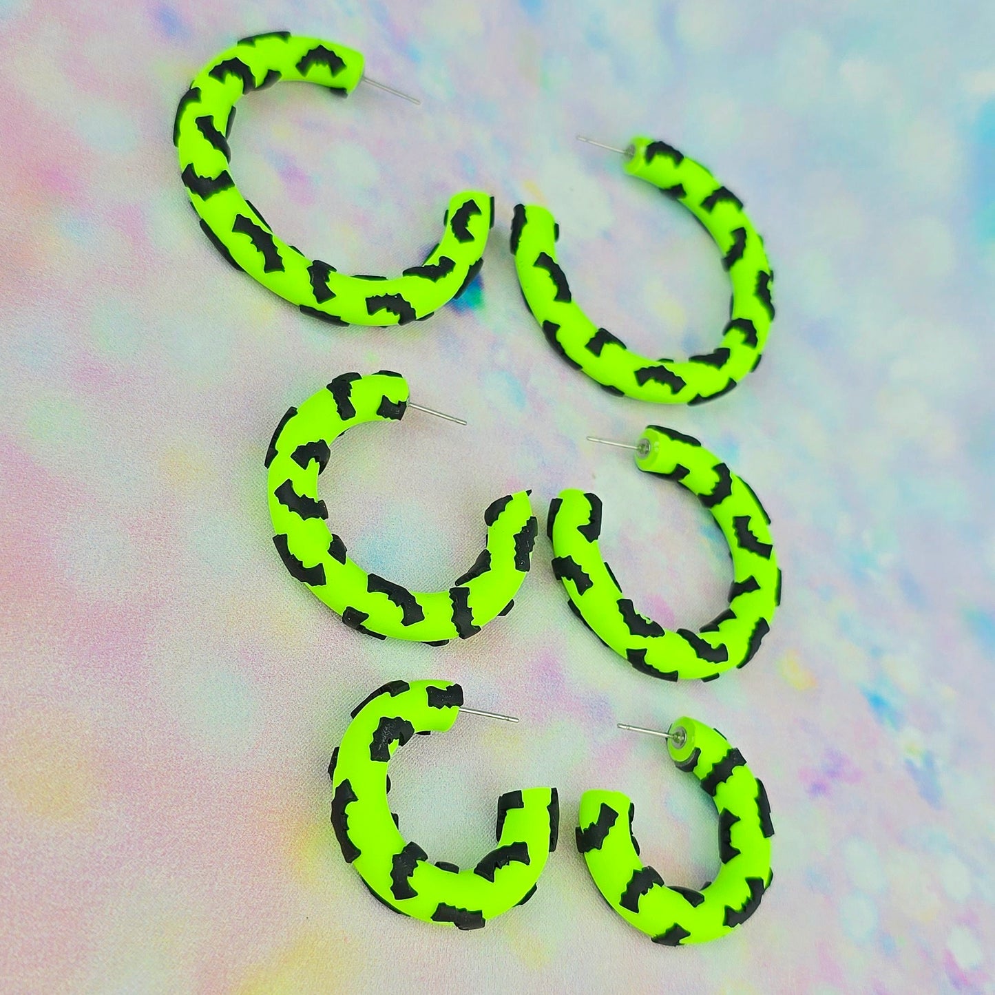 Bat Clay Hoops in Neon Green