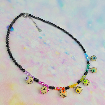 Glow in the Dark Rainbow Eyeball Glass Beaded Charm Necklace